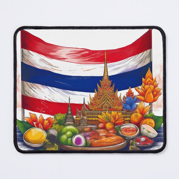Item preview, Thailand Flag and Iconic Thai Temples with Food Art designed and sold by RaiyaTees.