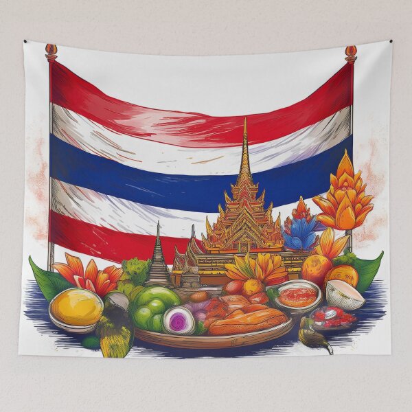 Item preview, Thailand Flag and Iconic Thai Temples with Food Art designed and sold by RaiyaTees.