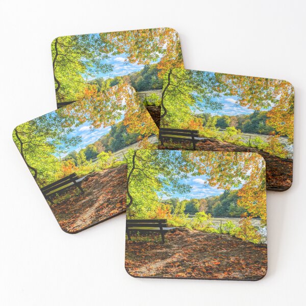 Item preview, Bench by the water (in Autumn) designed and sold by Shutterbird Robyn Joyce Photography.
