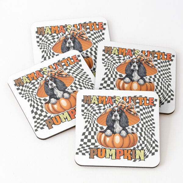 Item preview, "Mama's Little Pumpkin" - English Cocker Spaniel Sitting in Halloween Pumpkin with Checkered Background designed and sold by GoodyPaws.