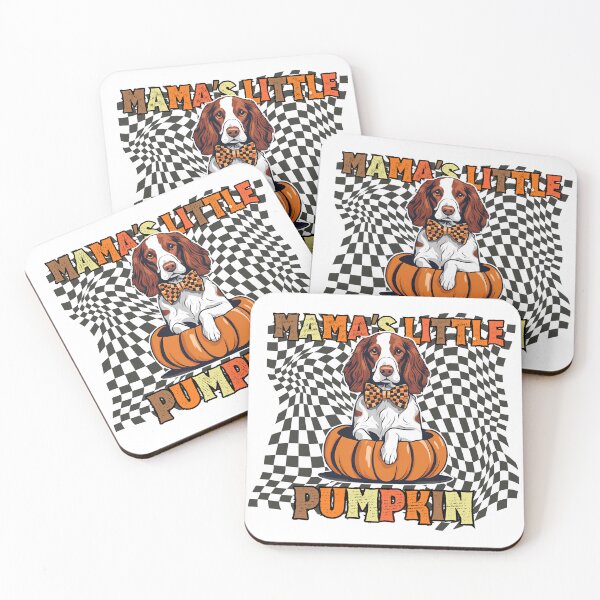 Item preview, "Mama's Little Pumpkin" - Kooikerhondje Sitting in Halloween Pumpkin with Checkered Background designed and sold by GoodyPaws.