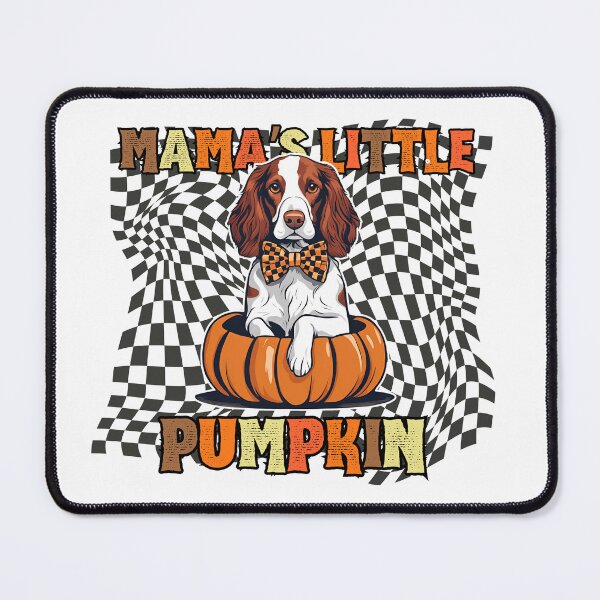 Item preview, "Mama's Little Pumpkin" - Kooikerhondje Sitting in Halloween Pumpkin with Checkered Background designed and sold by GoodyPaws.