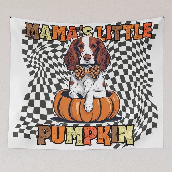 Item preview, "Mama's Little Pumpkin" - Kooikerhondje Sitting in Halloween Pumpkin with Checkered Background designed and sold by GoodyPaws.
