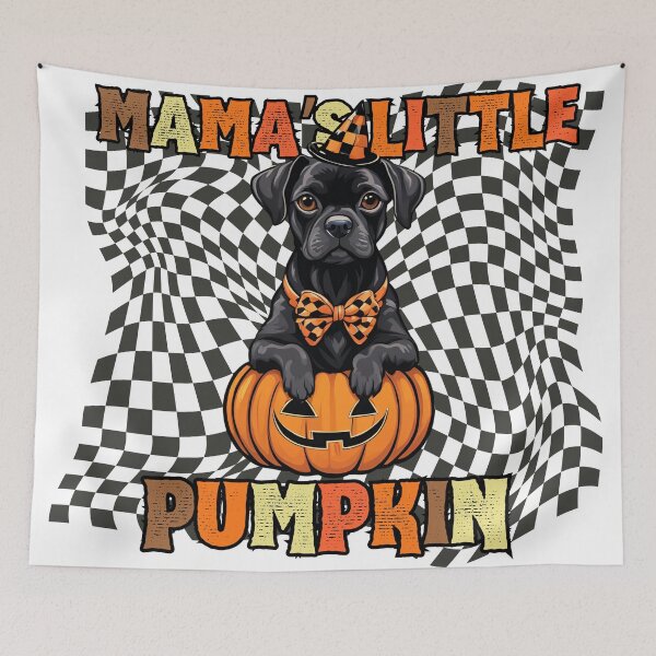 Item preview, "Mama's Little Pumpkin" - Brabançon Sitting in Halloween Pumpkin with Checkered Background designed and sold by GoodyPaws.