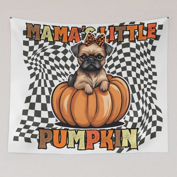 Item preview, "Mama's Little Pumpkin" - Brabançon Sitting in Halloween Pumpkin with Checkered Background designed and sold by GoodyPaws.