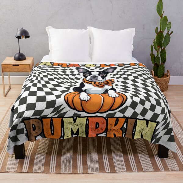 Item preview, "Mama's Little Pumpkin" - Boston Terrier Sitting in Halloween Pumpkin with Checkered Background designed and sold by GoodyPaws.