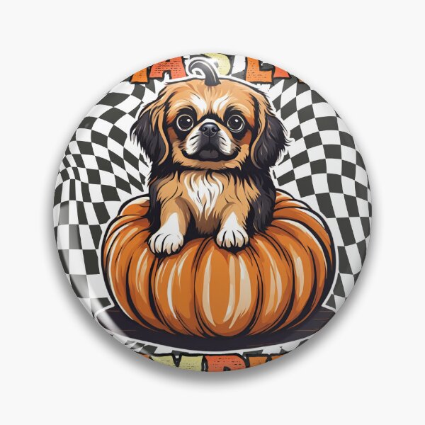 Item preview, "Mama's Little Pumpkin" - Tibetan Spaniel Sitting in Halloween Pumpkin with Checkered Background designed and sold by GoodyPaws.