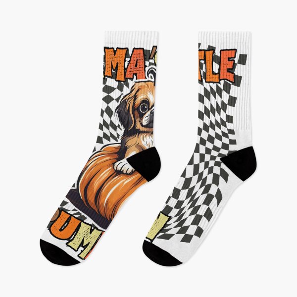Item preview, "Mama's Little Pumpkin" - Tibetan Spaniel Sitting in Halloween Pumpkin with Checkered Background designed and sold by GoodyPaws.
