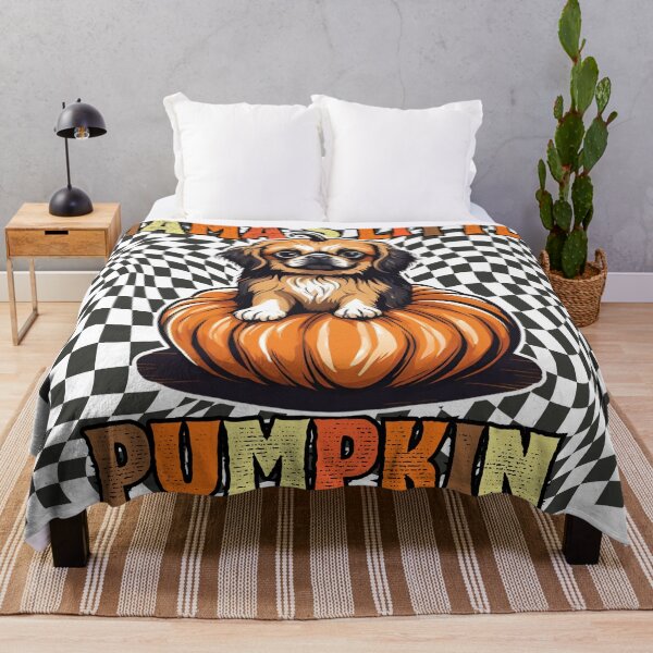 Item preview, "Mama's Little Pumpkin" - Tibetan Spaniel Sitting in Halloween Pumpkin with Checkered Background designed and sold by GoodyPaws.