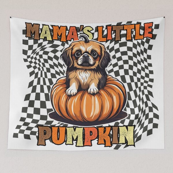 Item preview, "Mama's Little Pumpkin" - Tibetan Spaniel Sitting in Halloween Pumpkin with Checkered Background designed and sold by GoodyPaws.