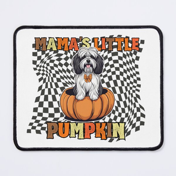 Item preview, "Mama's Little Pumpkin" - Tibetan Terrier Sitting in Halloween Pumpkin with Checkered Background designed and sold by GoodyPaws.