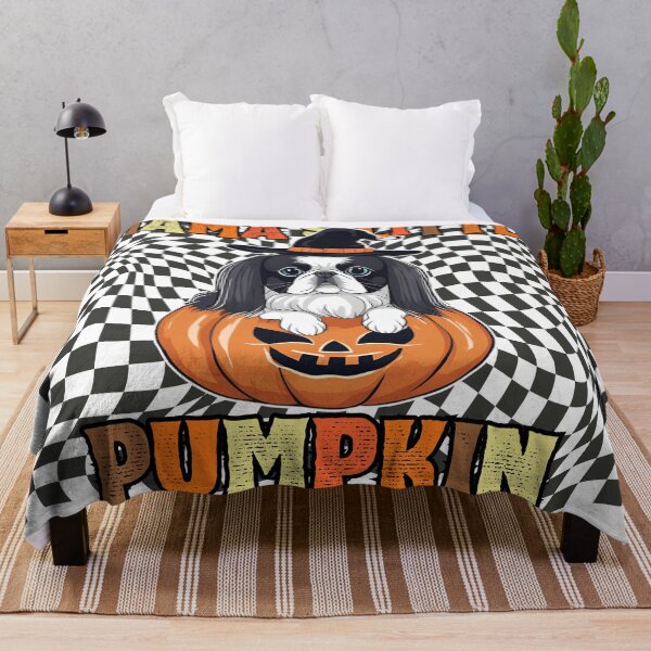 Item preview, "Mama's Little Pumpkin" - Japanese Chin Sitting in Halloween Pumpkin with Checkered Background designed and sold by GoodyPaws.