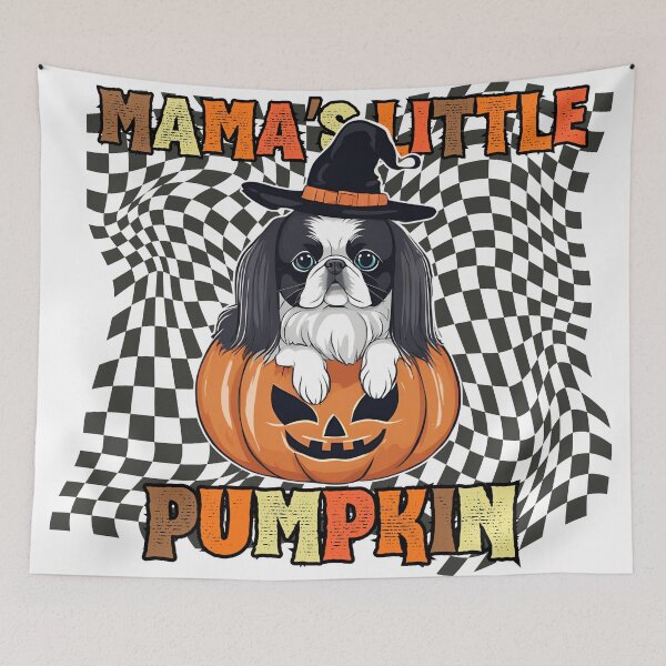 Item preview, "Mama's Little Pumpkin" - Japanese Chin Sitting in Halloween Pumpkin with Checkered Background designed and sold by GoodyPaws.