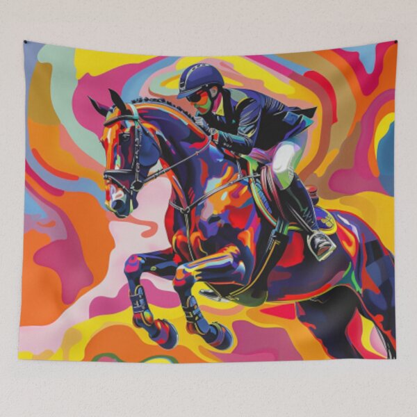 Item preview, Horse and rider show jumping event psychedelic Active Outdoors Inspired Art designed and sold by CDC40.
