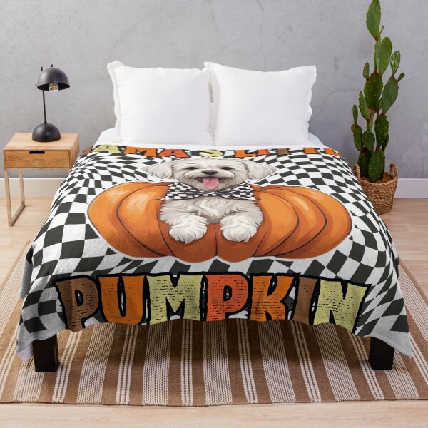 Item preview, "Mama's Little Pumpkin" - Bolognese Sitting in Halloween Pumpkin with Checkered Background designed and sold by GoodyPaws.