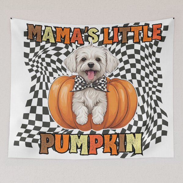 Item preview, "Mama's Little Pumpkin" - Bolognese Sitting in Halloween Pumpkin with Checkered Background designed and sold by GoodyPaws.