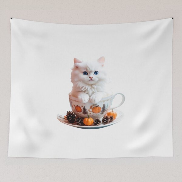 Item preview, WHITE PERSIAN KITTEN CAT IN FALL PUMPKIN TEA CUP STICKER designed and sold by Arts4U.
