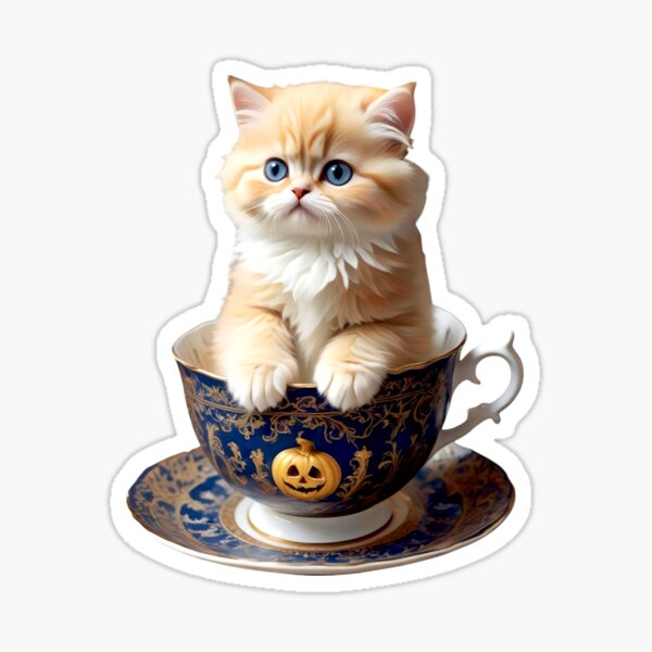 Item preview, PERSIAN KITTEN CAT IN HALLOWEEN PUMPKIN TEA CUP STICKER designed and sold by Arts4U.