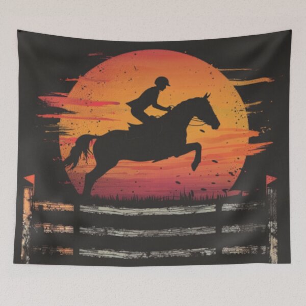 Item preview, Horse and rider clearing fence sunset backdrop Active Outdoors Inspired Art designed and sold by CDC40.