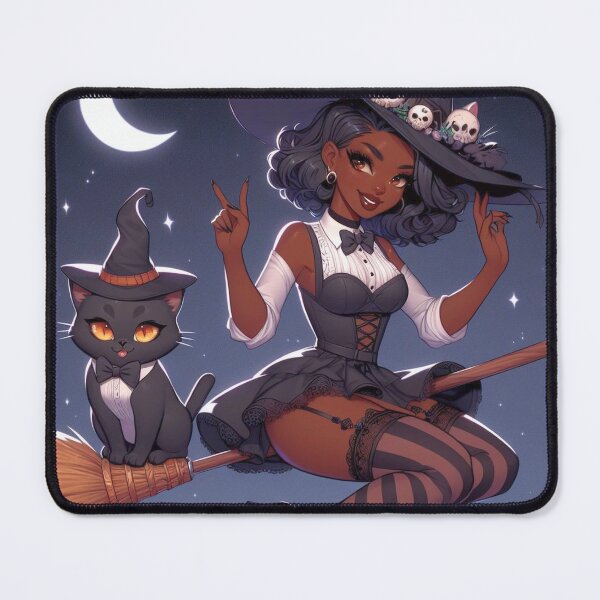 Item preview, Ebony anime witch flying on broomstick with tuxedo cat 1002 designed and sold by Aqualung1971.