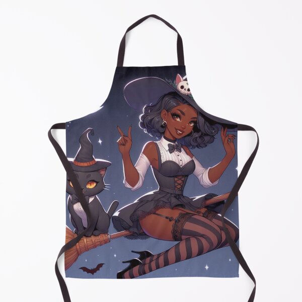 Item preview, Ebony anime witch flying on broomstick with tuxedo cat 1002 designed and sold by Aqualung1971.