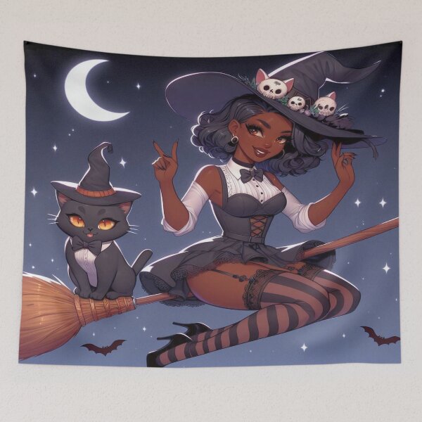 Item preview, Ebony anime witch flying on broomstick with tuxedo cat 1002 designed and sold by Aqualung1971.