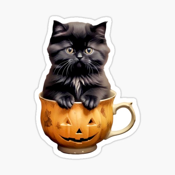 Item preview, BLACK CAT PERSIAN KITTEN IN A HALLOWEEN CUP STICKER designed and sold by Arts4U.