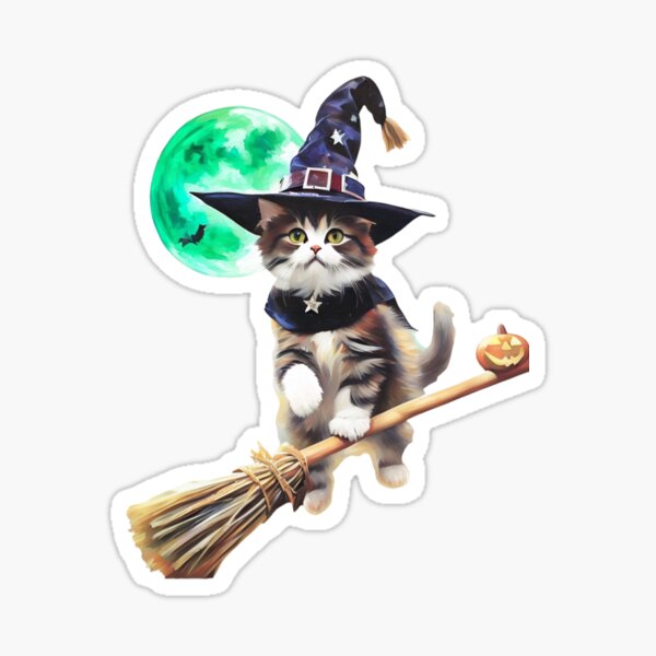 Item preview, HALLOWEEN CAT ON BROOMSTICK FLYING STICKER designed and sold by Arts4U.