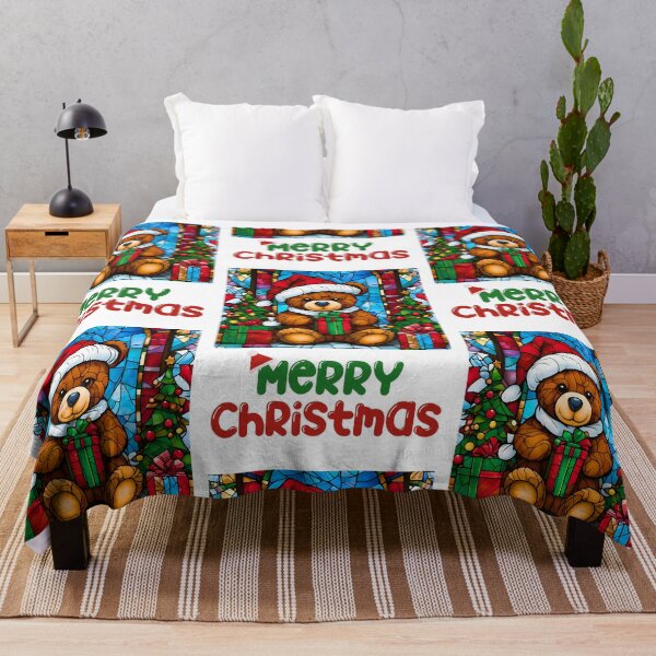 Item preview, Merry Christmas Teddy Bear in Santa Hat – Stained Glass Holiday Design designed and sold by Fredster1966.