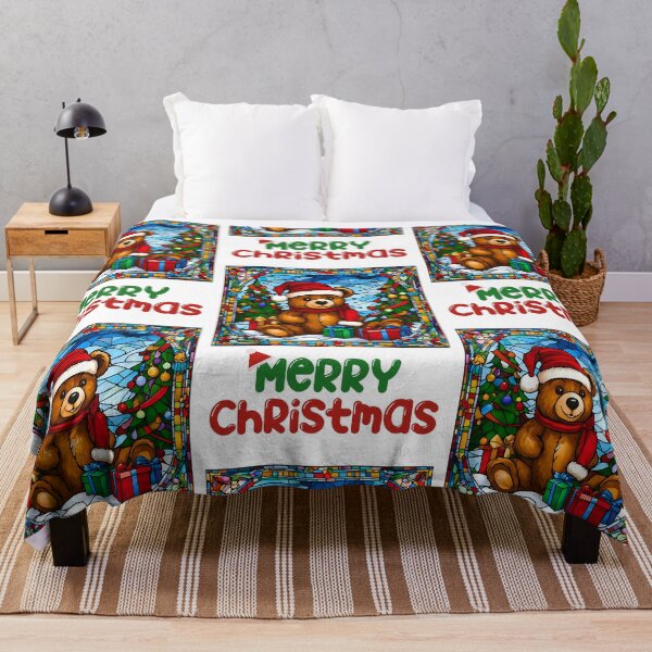 Item preview, Merry Christmas Teddy Bear in Santa Hat – Stained Glass Holiday Design designed and sold by Fredster1966.