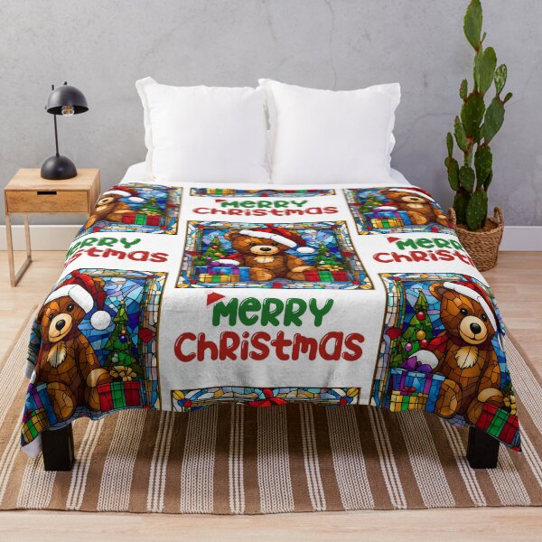 Item preview, Merry Christmas Teddy Bear in Santa Hat – Stained Glass Holiday Design designed and sold by Fredster1966.
