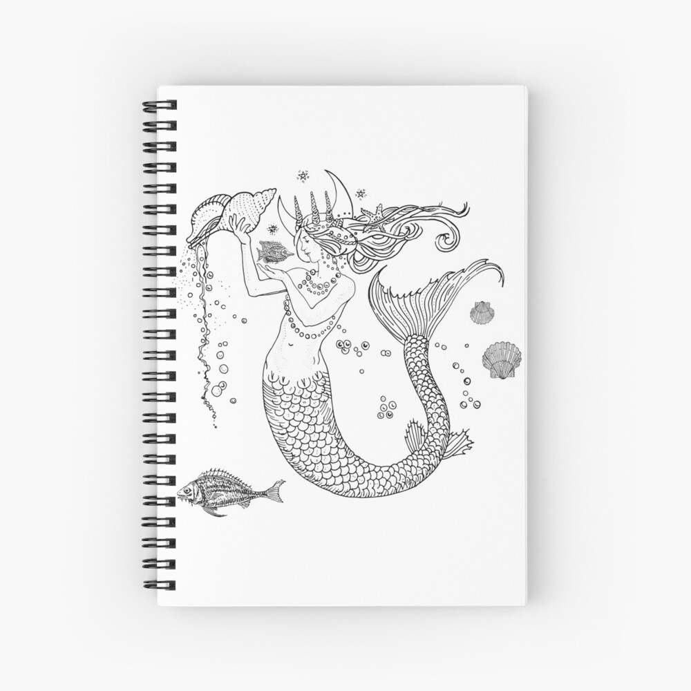 Mermaid princess black and white Spiral Notebook