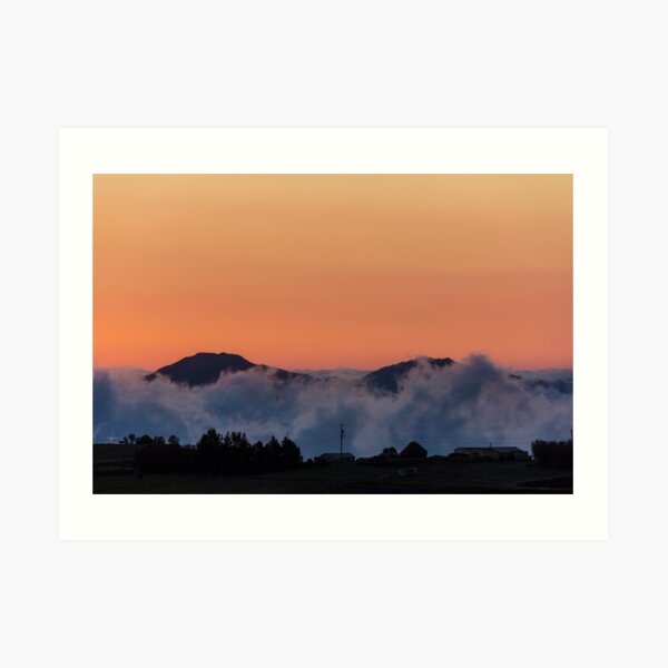 Orange sunset with mountain silhouette in clouds, Gulahuayco, Ecuador Art Print