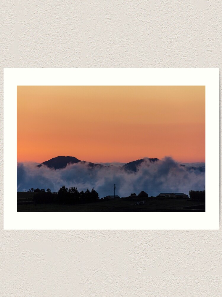 Alternate view of Orange sunset with mountain silhouette in clouds, Gulahuayco, Ecuador Art Print