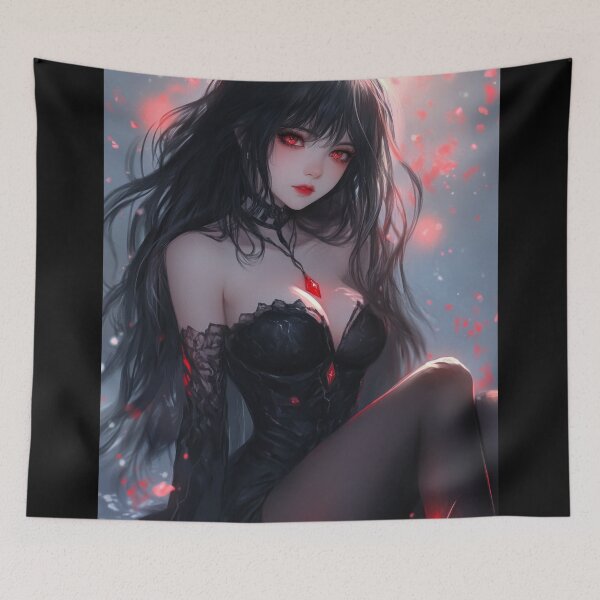 Item preview, A mysterious woman in elegant, dark attire sits among red petals, creating a haunting atmosphere in an artistic setting. designed and sold by Jerhus.