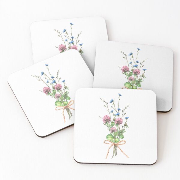 Item preview, Wild flowers bouquet tied with a cord. Watercolor Pink clover and blue chicory floral sticker. designed and sold by BartolArt.