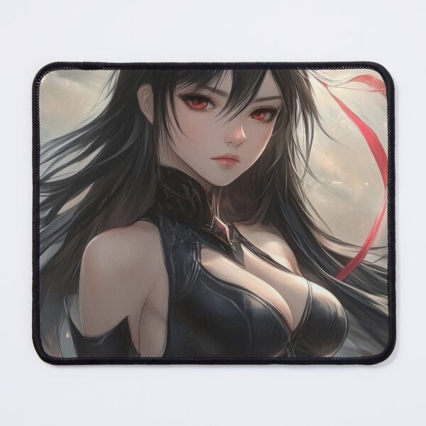 Item preview, A captivating figure, dressed in black with long black hair and striking red eyes, stands confidently in front of a dramatic backdrop. designed and sold by Jerhus.