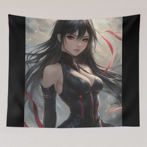 Item preview, A captivating figure, dressed in black with long black hair and striking red eyes, stands confidently in front of a dramatic backdrop. designed and sold by Jerhus.