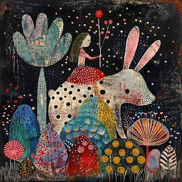 Artwork thumbnail, Little Girl Riding Rabbit by Duckmoo Art