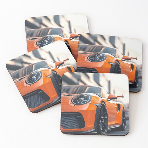 Item preview, A striking orange sports car is parked on a city street during golden hour, with modern buildings in the background. designed and sold by Jerhus.