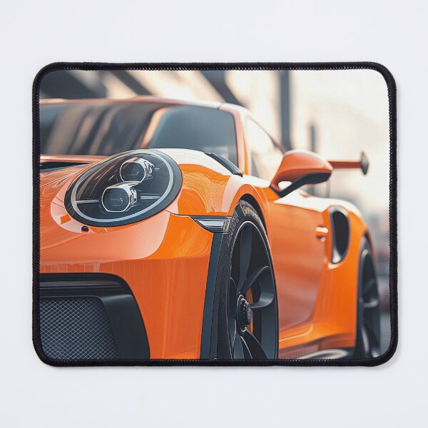 Item preview, A striking orange sports car is parked on a city street during golden hour, with modern buildings in the background. designed and sold by Jerhus.
