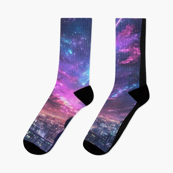 Item preview, A young boy gazes at a vibrant night sky filled with swirling colors and a shooting star above a bustling city skyline. designed and sold by Jerhus.