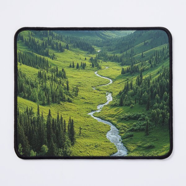 Item preview, Green valley with a meandering river surrounded by majestic mountains during the day. designed and sold by Jerhus.