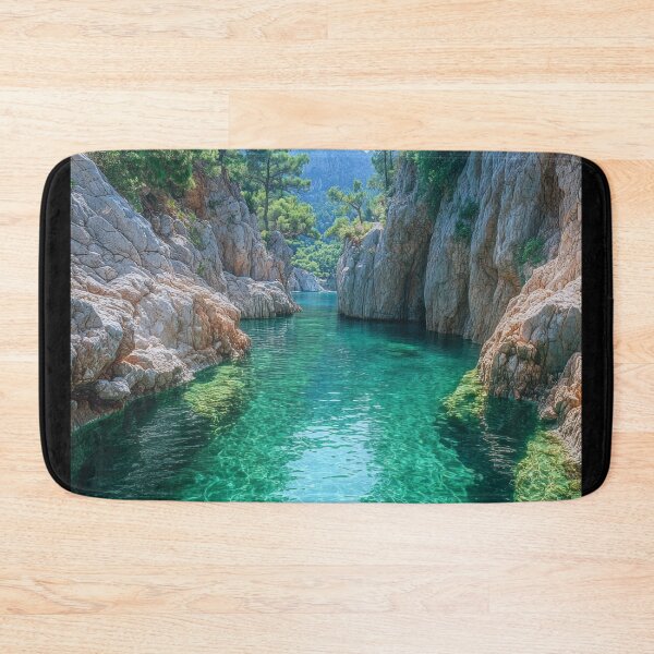 Item preview, Serene turquoise water flows through rocky cliffs into a secluded cove surrounded by lush vegetation and mountains under a bright sun. designed and sold by Jerhus.