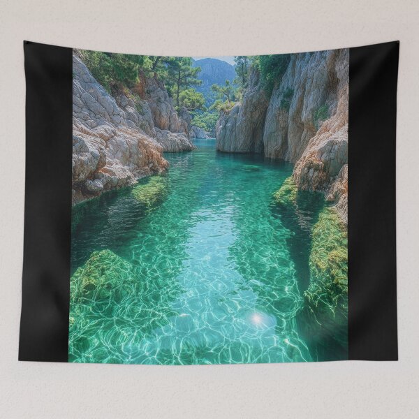 Item preview, Serene turquoise water flows through rocky cliffs into a secluded cove surrounded by lush vegetation and mountains under a bright sun. designed and sold by Jerhus.