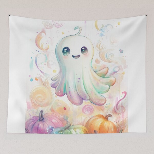 Aperçu de l'œuvre Un mignon fantome animée aux couleurs pastel et à l'expression souriante, entourée de citrouilles dans une scène automnale enchanteuse. créée et vendue par Jerhus.