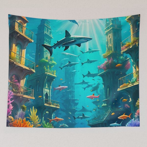 Item preview, Sharks Roam the Ruins of Underwater City designed and sold by GrizzlyCollective.