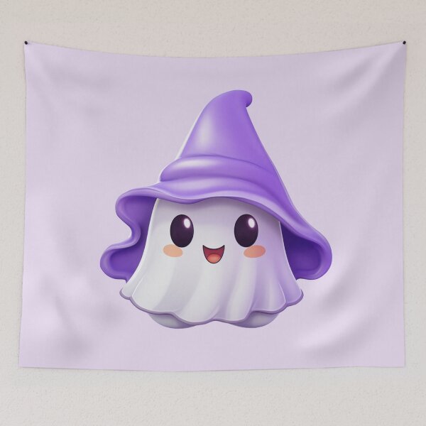 Item preview, Kawaii Halloween Ghost in Purple Witch Hat designed and sold by KawaiiArtStyle.