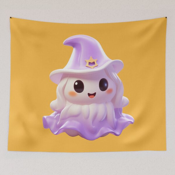 Item preview, Kawaii Halloween White Ghost with Purple Witch Hat designed and sold by KawaiiArtStyle.