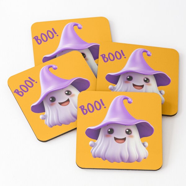 Item preview, Kawaii Halloween Ghost with Purple Witch Hat - Boo! text designed and sold by KawaiiArtStyle.